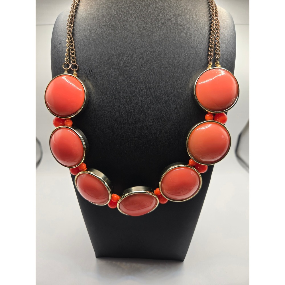 Coral Orange Cabochon Statement Bib Necklace UV Reactive Neon Accents Gold Tone